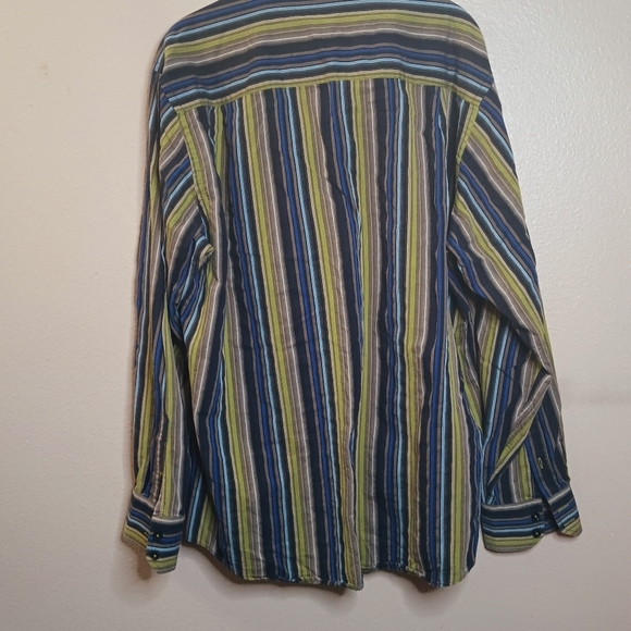 Cotton Reel Blue & Green Striped Collared Button Up Long Sleeve - Picture 3 of 3